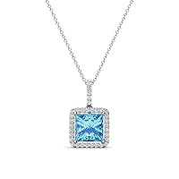 Princess Cut Blue Topaz & Round Diamond 1.88 ctw Women Halo Pendant Necklace 14K Gold