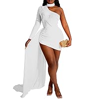 Women's Sexy One Shoulder Long Sleeve Mock Neck Mini Dress Feather Bodcyon Irregular Club Party Dresses