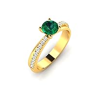 GEMHUB Unique Womens Ring Yellow Gold 14k 0.65 CARAT Round Shape Solitaire with Accents Green Emerald Grade AA Lab Created Size 4 5 6 7 8 10