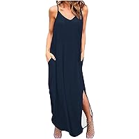 Split Maxi Dress for Women with Pockets Summer Casual V Neck Spaghetti Strap Sleeveless Cami Dress Loose Fit Long Beach Dress