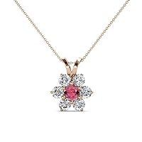 Round Rhodolite Garnet & Natural Diamond 7/8 ctw Women Floral Halo Pendant Necklace. Included 18 Inches Chain 14K Gold