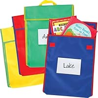 Really Good Stuff-666029 Store More Large Book Pouches – Send Home Books and Homework in Durable Fabric Book Bag – Stitched-On Handle, Clear Name Tag Pocket, Primary Colors, 12”x1”x15” (Set of 4)