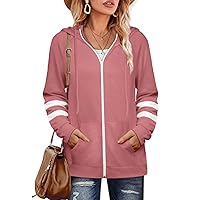 Women’s Long Sleeve Zip Up Hoodies Striped Drawstring Hooded Sweatshirt with Kangaroo Pocket