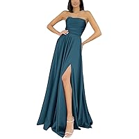 Satin Prom Dresses with Slit Long Luxuty Hand Beading Sparkly Bridesmaid Party Gowns for Wedding Guest Lace Up Back
