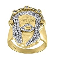 10k Two tone Gold Mens Round and Princess CZ Cubic Zirconia Simulated Diamond Jesus Face Religious Ring Jewelry for Men