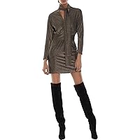 HALSTON Women's Long Sleeve, V Neck with Tie Detail, Above The Knee Dress in Sparkle Metallic Knit