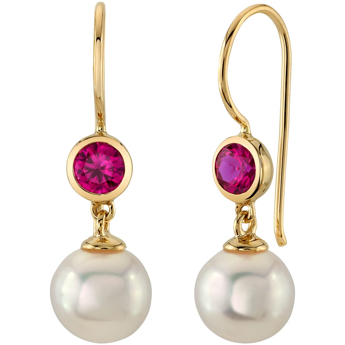 Peora 14K Yellow Gold 8mm Freshwater Cultured White Pearl and Created Ruby Drop Earrings for Women, July Birthstone, Fish Hooks