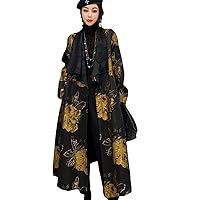 Yellow Spring Autumn Women Wear Temperament Trench Coat Loose Mid-Length Printing V Collar Cardigan Coat