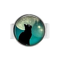 Glamour Black Cat Moon Charm Ring Vintage Art Photo Jewelry