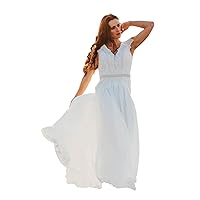 Keting White Lace Chiffon Sleeveless V Neck Boho Beach Wedding Dress Pearl Belt Open Back Bridal Gown