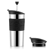 Bodum - Travel Mug - Vacuum Insulated with Interchangeable French Press Lid - Stainless Steel - 0.35l - Black Grip and Lid
