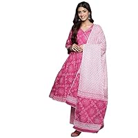 Pink Printed Cotton A-Line Kurta With Trousers & Dupatta| Traditional Festival Ready to Wear