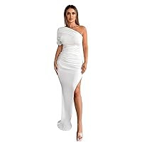Women Summer Dresses 2023 One Shoulder Ruched Split Thigh Dress Elegant Asymmetrical Neck Maxi Dress