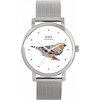 Grey Finch Bird Watch Ladies 38mm Case 3atm Water Resistant Custom Designed Quartz Movement Luxury Fashionable, White, Silver/Silver mesh strap
