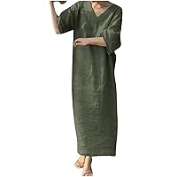 Flowy Dresses for Women Short Women's Summer Maxi Dress 3/4 Sleeve Cotton Linen Dresses for Women 2024 Casual Long Dresses Trendy V Neck Sundress Vestidos De Verano para Army Green