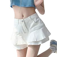 Sweet Girl White Denim Mini Skirt Ruched Ruffle Hem Female Summer Dress Short Bottoms Jeans Skorts
