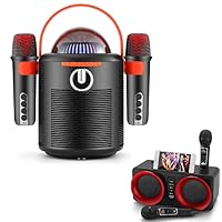 ALPOWL Mini Karaoke Machine, 17 Watt Rechargeable Karaoke Speaker with Two Mini UHF Microphones, Voice Change Effects & LED Light