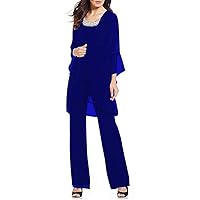 Women's Royal Blue Formal Mother of The Bride Dress Pant Suits 3 Pieces Chiffon Lace Outfit for Wedding Grooms Plus Size US20W