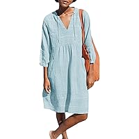Womens V Neck Cotton Casual Loose Shift Tunic Smock Summer Dresses Vacation Dress 3/4 Sleeve Pocket