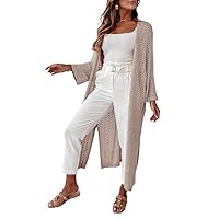 SHEWIN Kimonos for Women Boho Open Front Casual Long Sleeve Crochet Cardigan for Women Lightweight Oversized Cover Up Floor Length Maxi Duster Oatmeal One Size