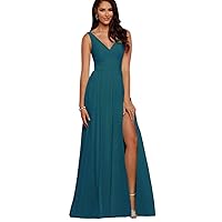 V Neck Bridesmaid Dresses Long Split Chiffon Pleated Wedding Evening Prom Gown for Women Teal Size 8