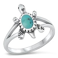 Women's Turtle Simulated Turquoise Polished Ring New .925 Sterling Silver Band Sizes 5-11