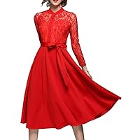 XINUO Women's Vintage Elegant Lace Patchwork Long Sleeve A-Line Swing Dress Cocktail Party Wedding Formal Midi Dresses