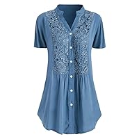 Women Loose Lace Button Down Shirts V Neck Tunic Tops Solid Short Sleeve Blouses Summer Casual Work T Shirt Tunics