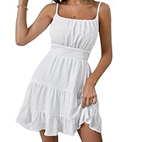 WDIRARA Women's Summer Textured Ruched Shirred Ruffle Hem A Line Dress High Waist Short Cami Dress