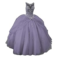 Women's Crystal Beaded Quinceanera Dresses Sheer Neck Tulle Ruffles Ball Gowns for Sweet 16