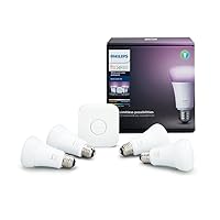 White and Color Ambiance A19 60W Equivalent LED Smart Bulb Starter Kit (4 A19 Bulbs and 1 Hub Compatible with Amazon Alexa Apple HomeKit and Google Assistant)