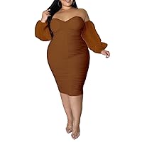 EDITCOZY Women Plus Size Off Shoulder Mesh Long Sleeve Bodycon Club Cocktail Ruched Midi Dress