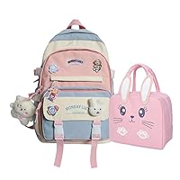 Kawaii Backpack with Cute Pendant & Pin,Large Capacity School Bags Aesthetic Backpacks for School Cute Bookbags (with Lunch Bag) Blue