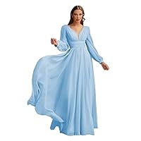 Chiffon Bridesmaid Dresses with Pockets Long Sleeve V Neck Ruched A-line Formal Dress for Evening Party