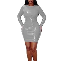 Sexy Lady PVC Stretch Bodycon Mini Dress Glossy Latex Look Women Long Sleeve O-Neck Tight Mini Dress