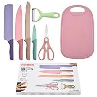 Colorful Kitchen Knife Set of 6 Pcs - Premium Quality, Dishwasher Safe, Carbon Steel Pastel Chef Knives Set without Block - Ideal for Camping and Kitchen Use, Cutting Board