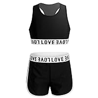 iiniim Girls' Ballet Dance Gymnastics Sports Leotard Athletic Outfit Letter Printed Yoga Tanks Crop Top with Bottoms Set