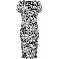 Short Sleeve Splash Print Round Neck Bodycon Sheath Pencil Top Floral Midi Dress for Woman (US 10-24)