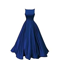 Women's Scoop Neckline Satin Backless Evening Dress Sleeveless Beaded Long Prom Dress Royal Blue