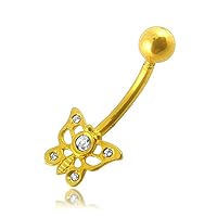 14K Solid Yellow Gold Jeweled Fancy Butterfly with CZ Stone Belly Ring