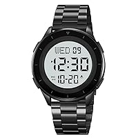 Men Big Dial Digital Watch Easy to Read Watches Waterproof LED Chronograph Stainless Steel Wrist Watch Outdoor Sport Watch