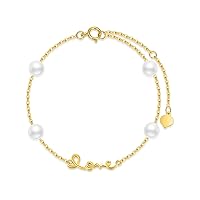 Solid 14K Gold Pearls Bracelet for Women Girls,Yellow Gold LOVE Drop Bracelets Station Hand Link Jewelry Valentine's Day Birthday Gifts for Wife Girlfriend 6.5''+2''