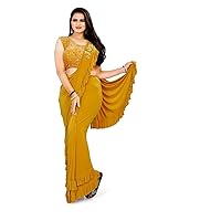 Indian Imported Sari Pre Stitched 1 Minute Party Plain Frill Saree stitched blouse P-101