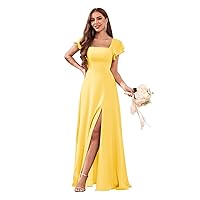 Women's Ruffle Sleeve Chiffon Prom Dresses Square Neck A-Line Formal Evening Party Dresses with Slit