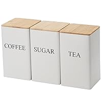 Sugar Canister, Coffee Tea Sugar Canister Set of 3 Iron Tea Coffee Sugar Container Set with Airtight Bamboo Lid and Name Marker Simple Square Kitchen Canister Set for Coffee Tea Sugar Storage White