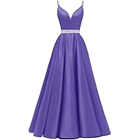 Spaghetti Straps Prom Dress Long Satin Beaded V-Neck Formal Evening Party Ball Gowns with Pockets