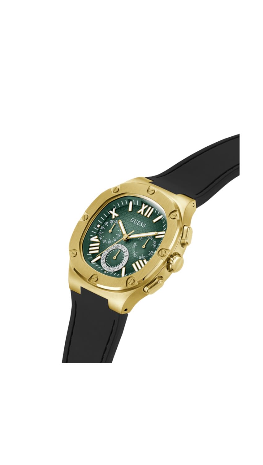 GUESS Men's 42mm Watch - Black Strap Green Dial Gold Tone Case