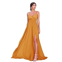 Women's Long Pleated Bridesmaid Dresses with Pockets V-Neck Chiffon Formal Party Gowns