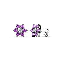 Natural Diamond & Amethyst Women Flower Earrings 0.44 ctw 14K Gold