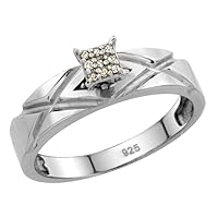 Genuine 925 Sterling Silver Diamond Trio Wedding Sets for Him and Her 2 Cross Grooves 3-piece 6mm & 5mm wide 0.12 cttw Brilliant Cut sizes 5-14
